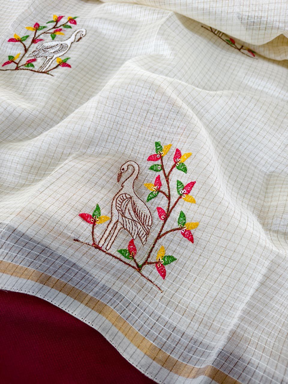 Winsome Off White White Embroidery Work Kota Doria Saree With Vivacious Blouse Piece