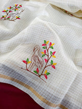 Winsome Off White White Embroidery Work Kota Doria Saree With Vivacious Blouse Piece