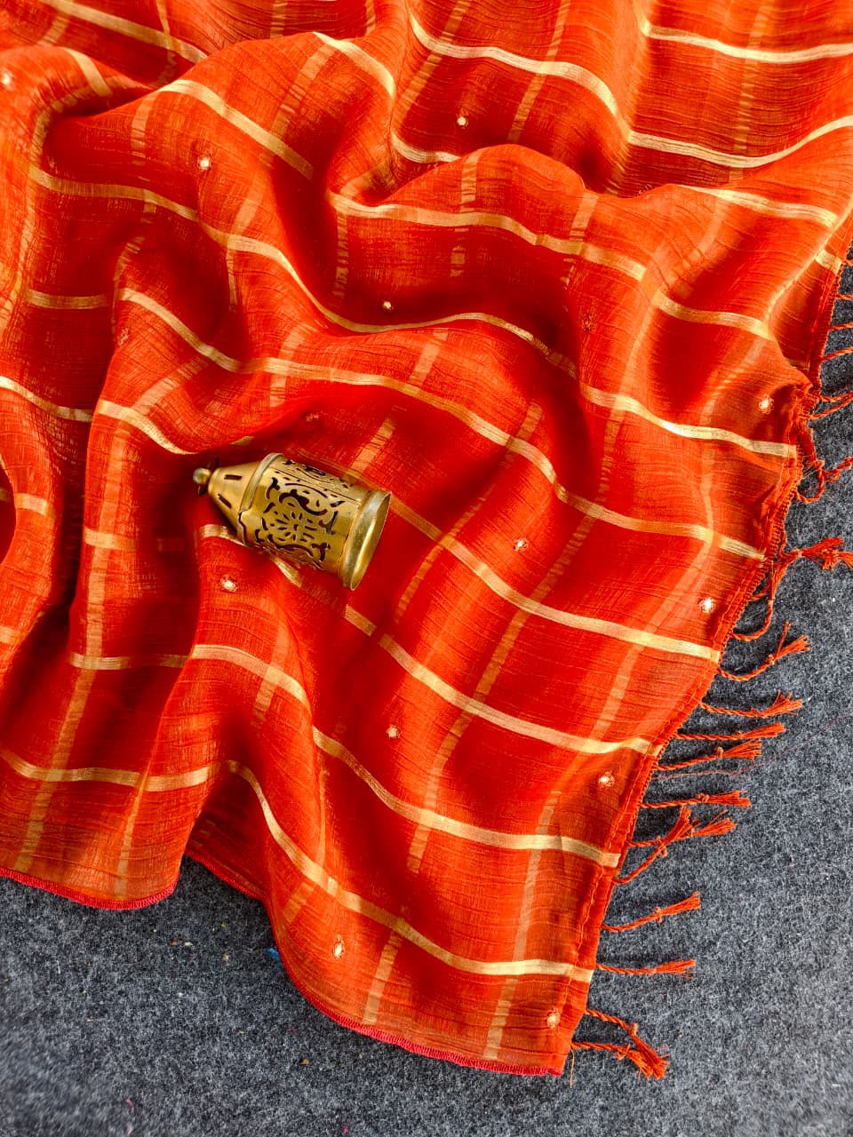 Preferable Orange Mirror Work Chiffon Silk Saree With Precious Blouse Piece