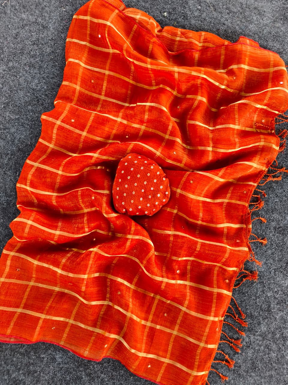 Preferable Orange Mirror Work Chiffon Silk Saree With Precious Blouse Piece