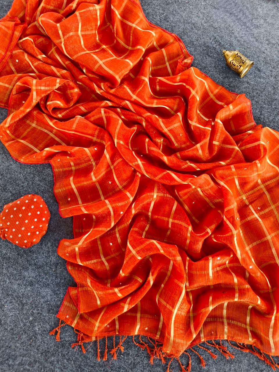 Preferable Orange Mirror Work Chiffon Silk Saree With Precious Blouse Piece