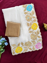 Moiety Off White Embroidery Work Tussar Silk Saree With Demure Blouse Piece