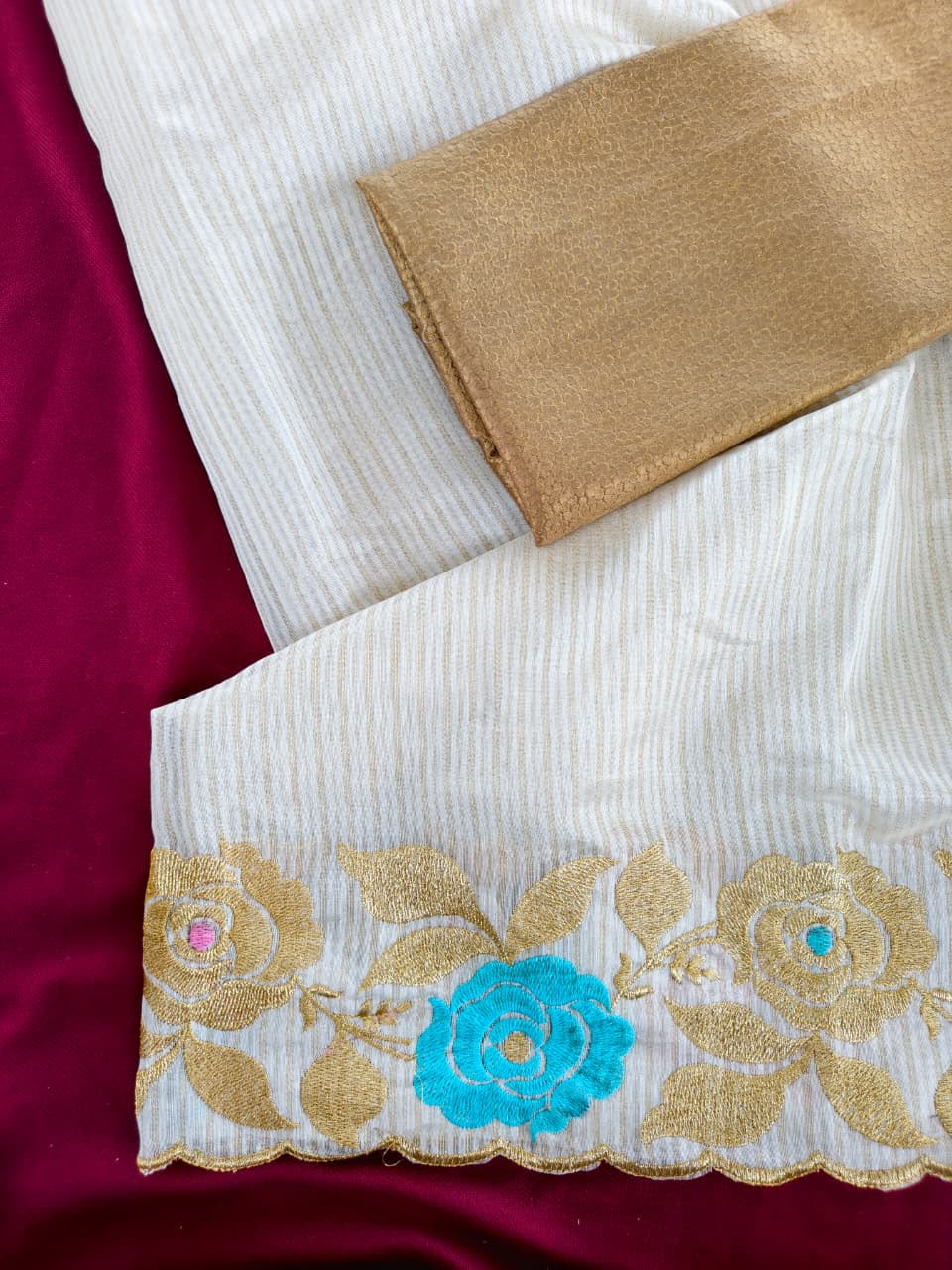 Moiety Off White Embroidery Work Tussar Silk Saree With Demure Blouse Piece