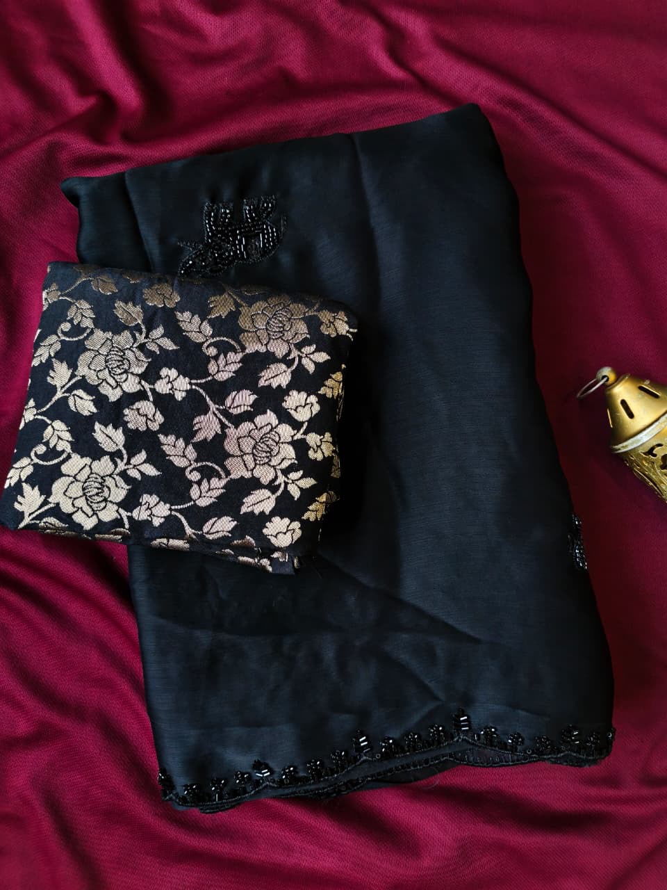 Outstanding Black Hand Work Satin Silk Saree With Ebullience Blouse Piece