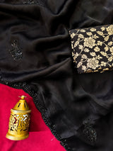 Outstanding Black Hand Work Satin Silk Saree With Ebullience Blouse Piece