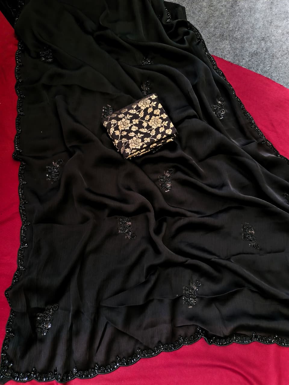 Outstanding Black Hand Work Satin Silk Saree With Ebullience Blouse Piece