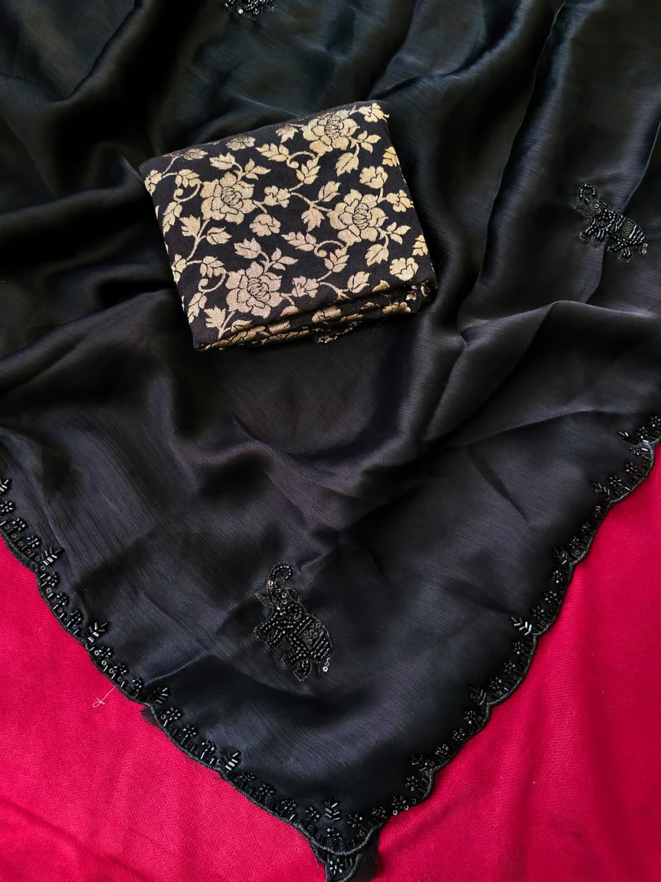 Outstanding Black Hand Work Satin Silk Saree With Ebullience Blouse Piece