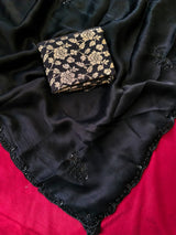 Outstanding Black Hand Work Satin Silk Saree With Ebullience Blouse Piece