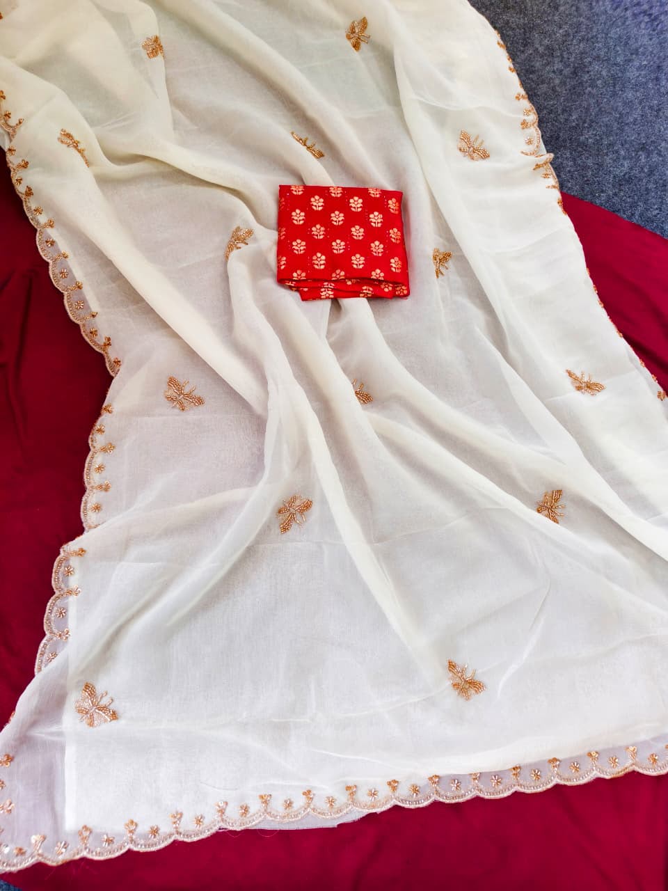 Staring Off White Hand Work Satin Silk Saree With Lovely Blouse Piece