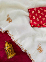 Staring Off White Hand Work Satin Silk Saree With Lovely Blouse Piece
