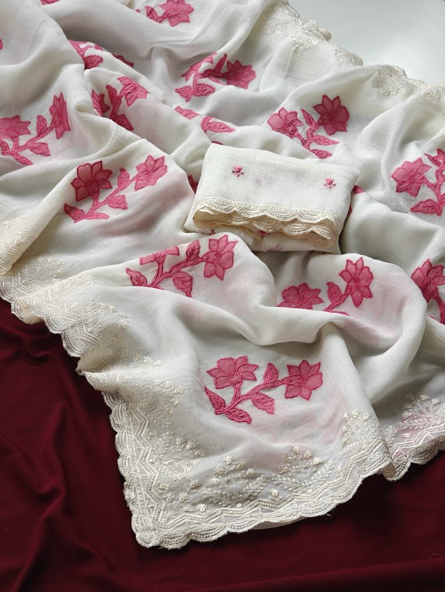 Demure Off White Embroidery Work Crush Silk Saree With Pleasant Blouse Piece