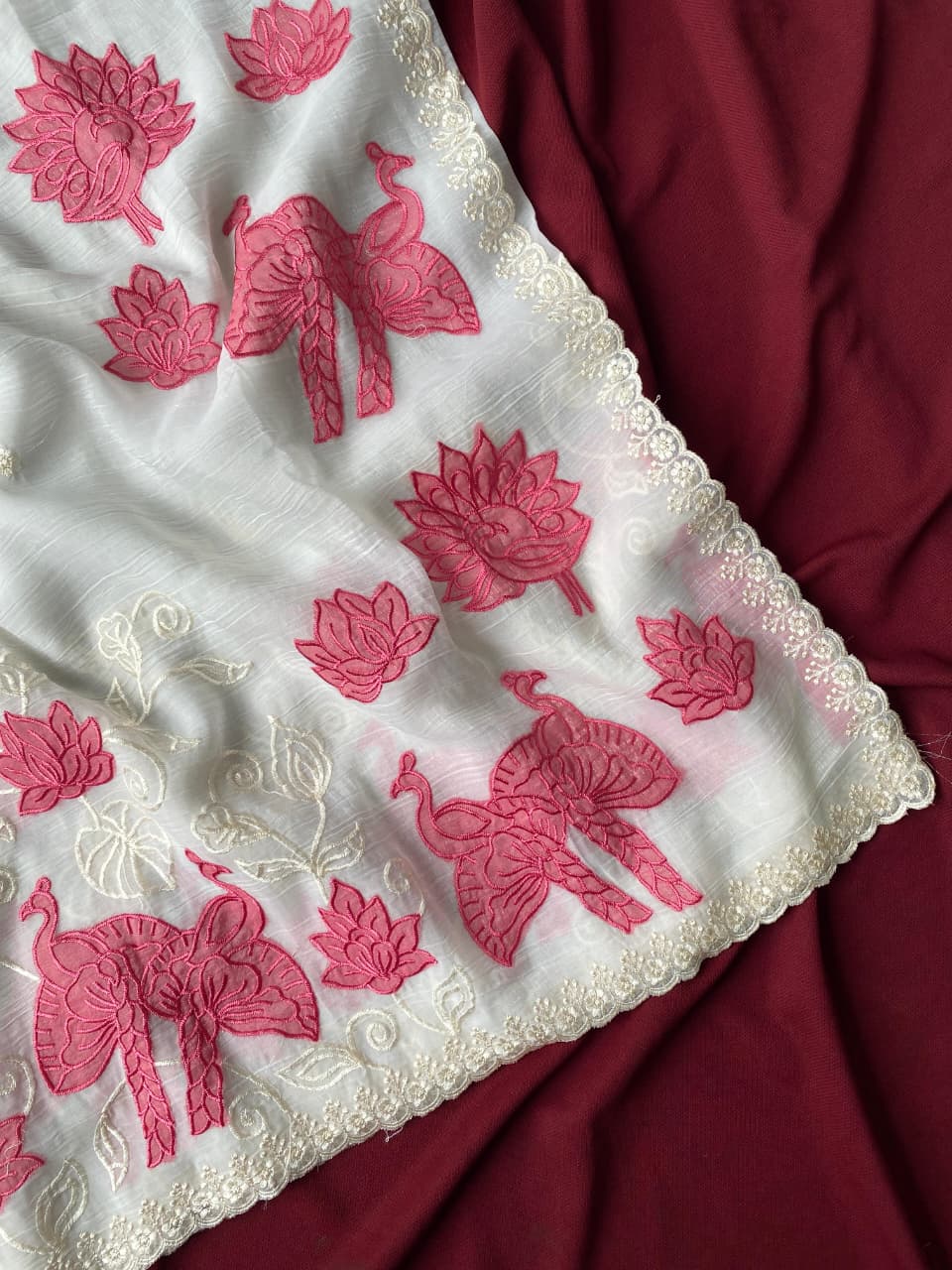 Beautiful Off White Embroidery Work Crush Silk Saree With Effulgent Blouse Piece