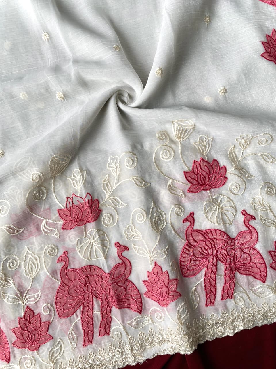 Beautiful Off White Embroidery Work Crush Silk Saree With Effulgent Blouse Piece