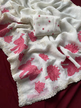 Beautiful Off White Embroidery Work Crush Silk Saree With Effulgent Blouse Piece