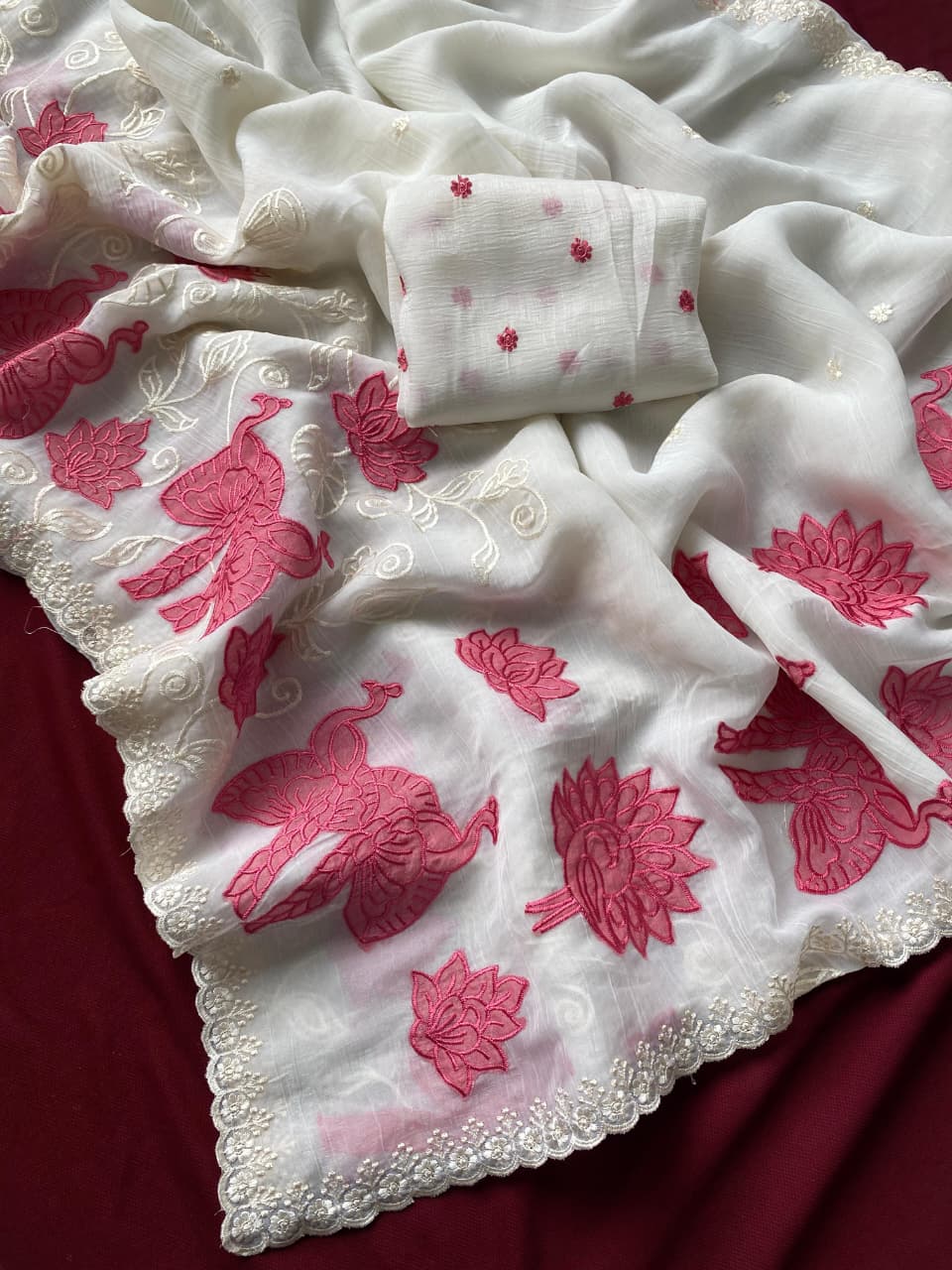 Beautiful Off White Embroidery Work Crush Silk Saree With Effulgent Blouse Piece