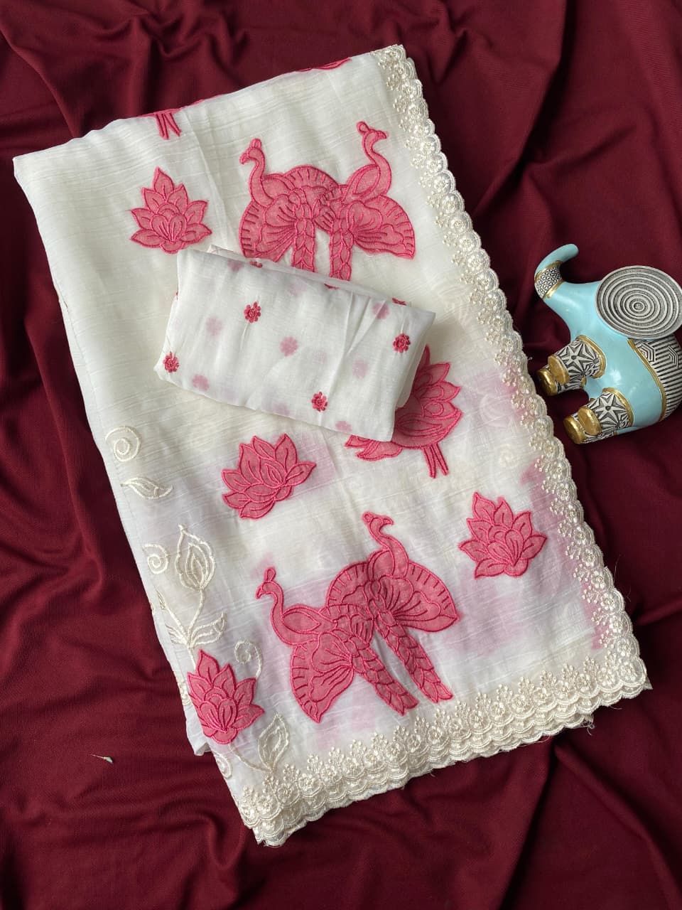 Beautiful Off White Embroidery Work Crush Silk Saree With Effulgent Blouse Piece