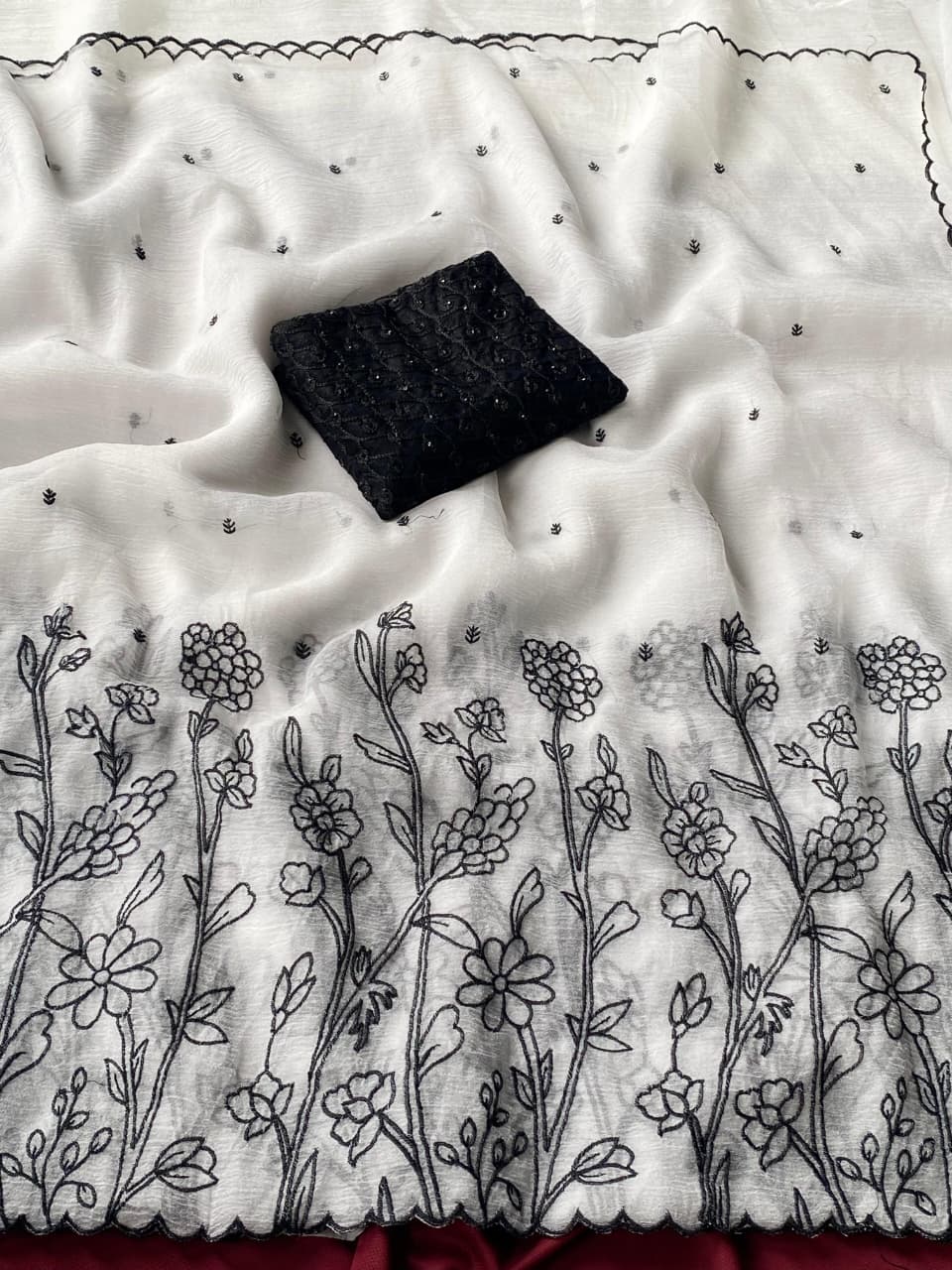 Magnificat Off White Embroidery Work Crush Silk Saree With Gossamer Blouse Piece