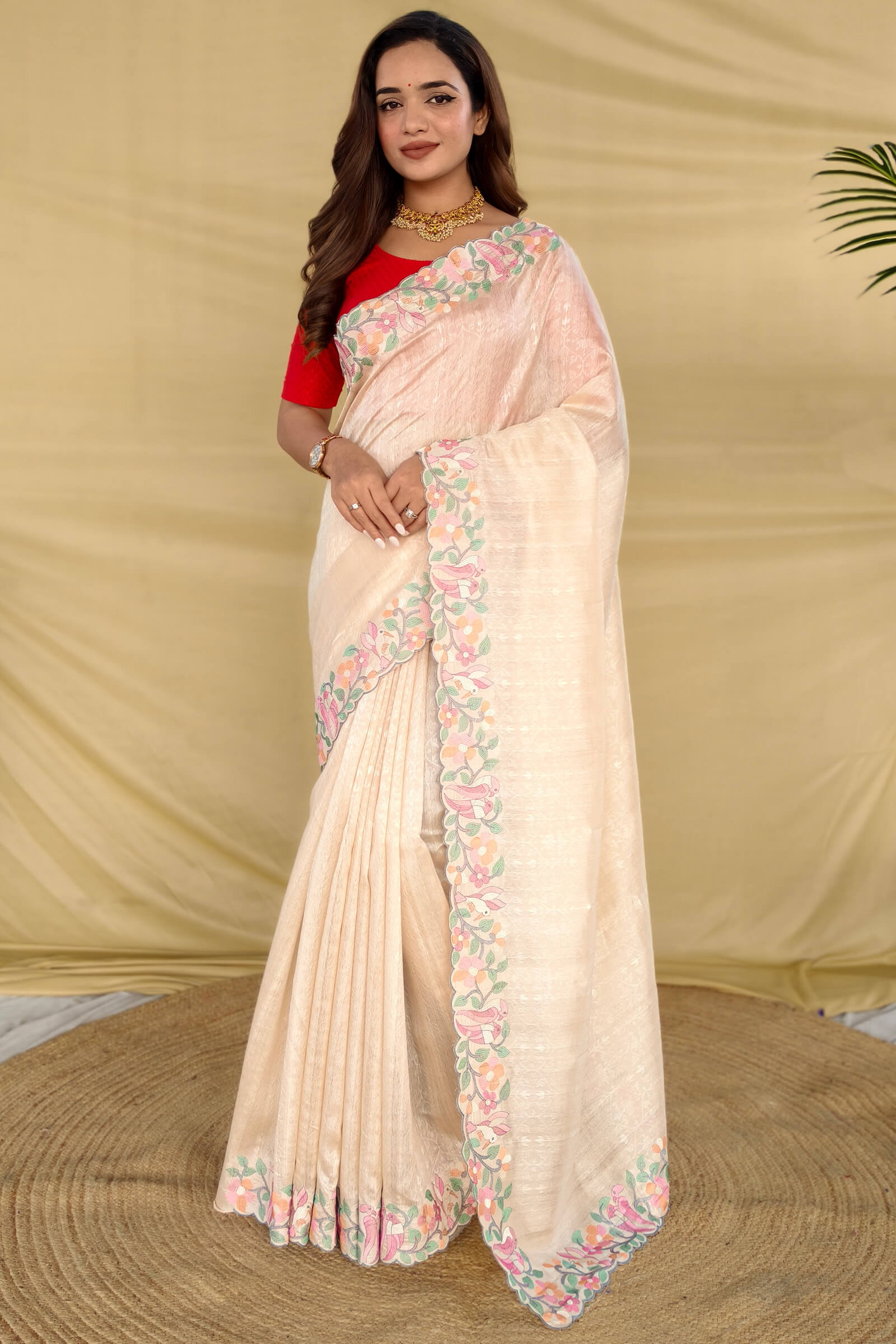 Petrichor Beige Embroidery Work Tussar Silk Saree With Embellished Blouse Piece