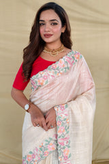 Petrichor Beige Embroidery Work Tussar Silk Saree With Embellished Blouse Piece