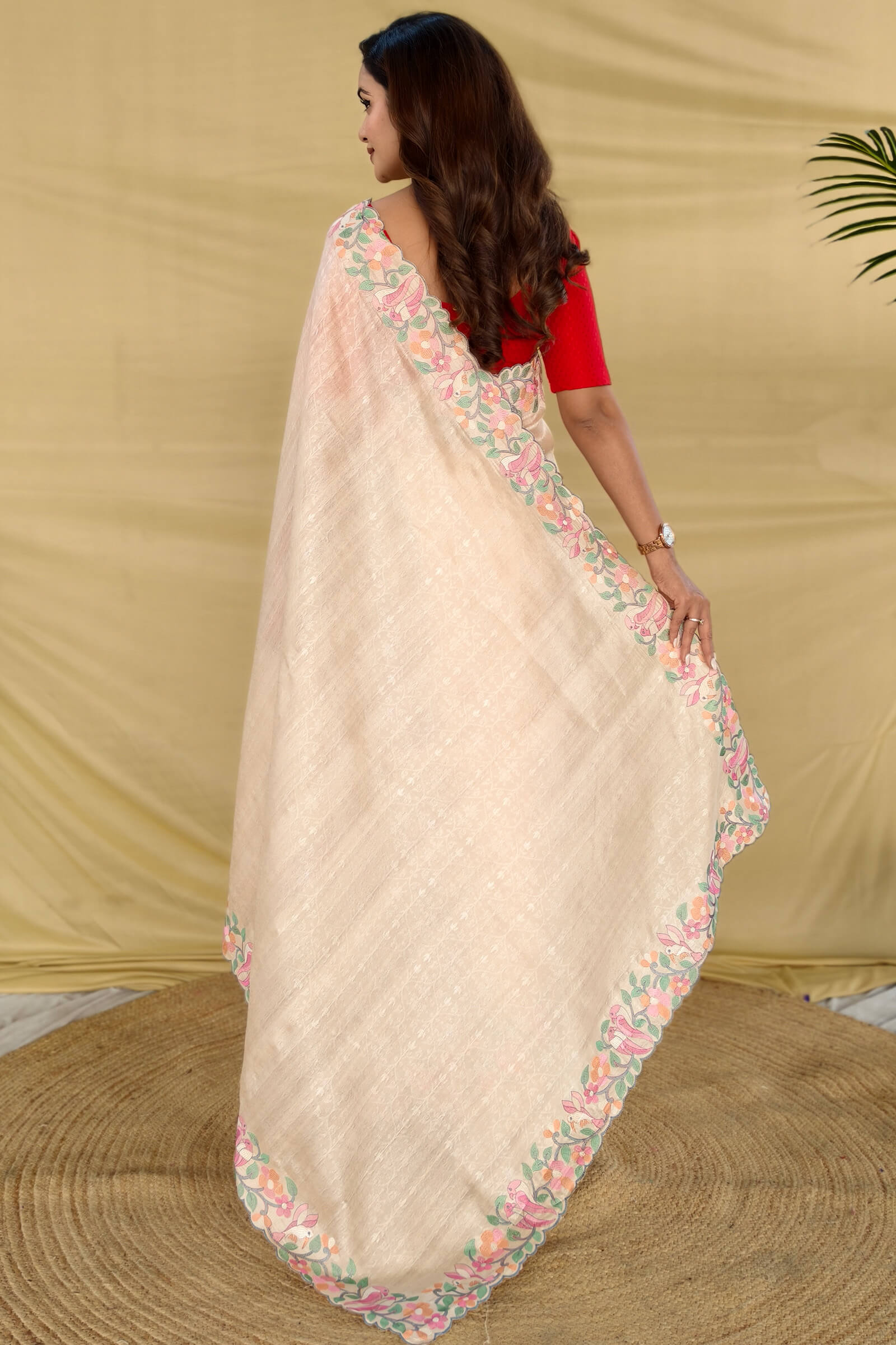 Petrichor Beige Embroidery Work Tussar Silk Saree With Embellished Blouse Piece