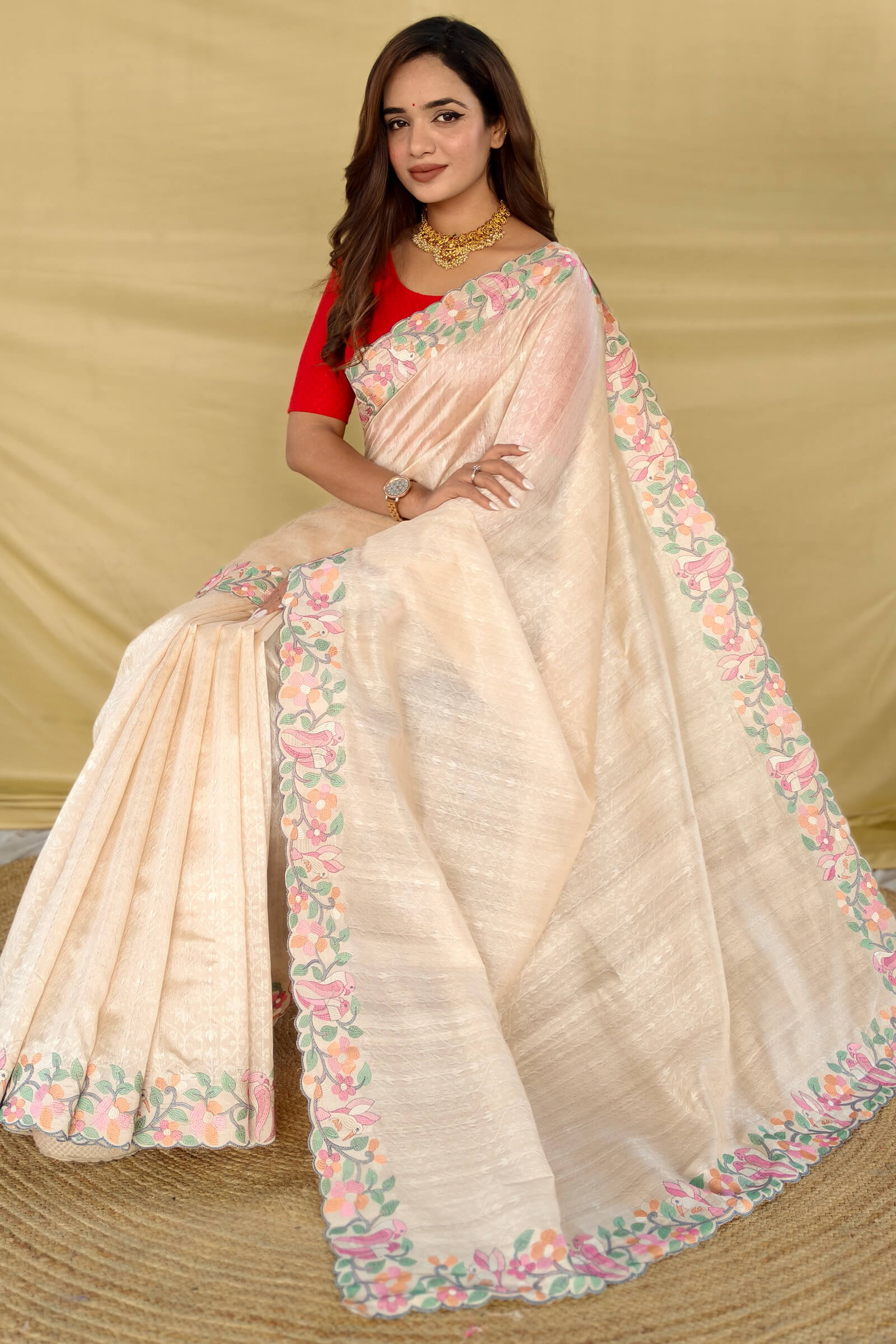 Petrichor Beige Embroidery Work Tussar Silk Saree With Embellished Blouse Piece