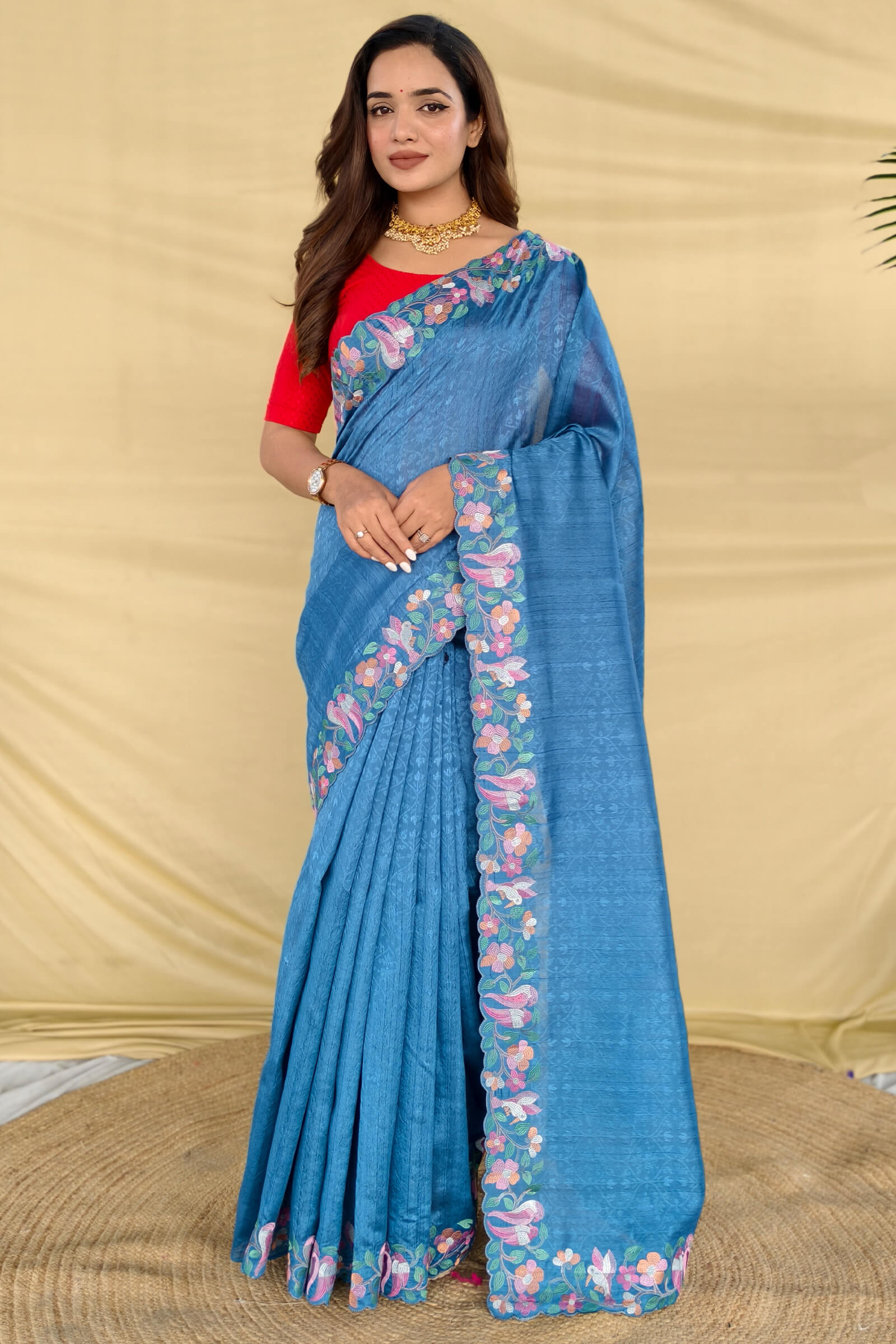 Posh Firozi Embroidery Work Tussar Silk Saree With Pretty Blouse Piece