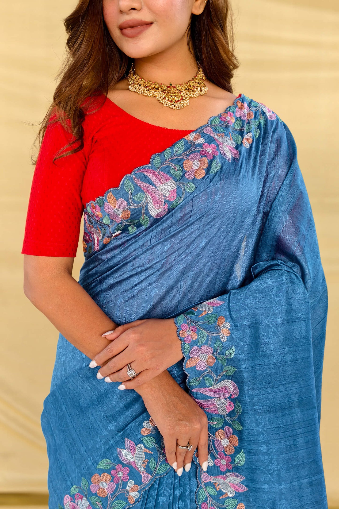 Posh Firozi Embroidery Work Tussar Silk Saree With Pretty Blouse Piece