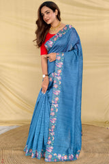 Posh Firozi Embroidery Work Tussar Silk Saree With Pretty Blouse Piece
