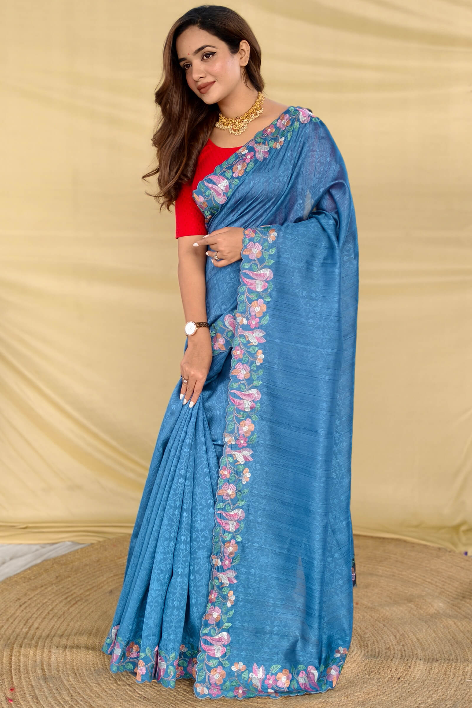 Posh Firozi Embroidery Work Tussar Silk Saree With Pretty Blouse Piece