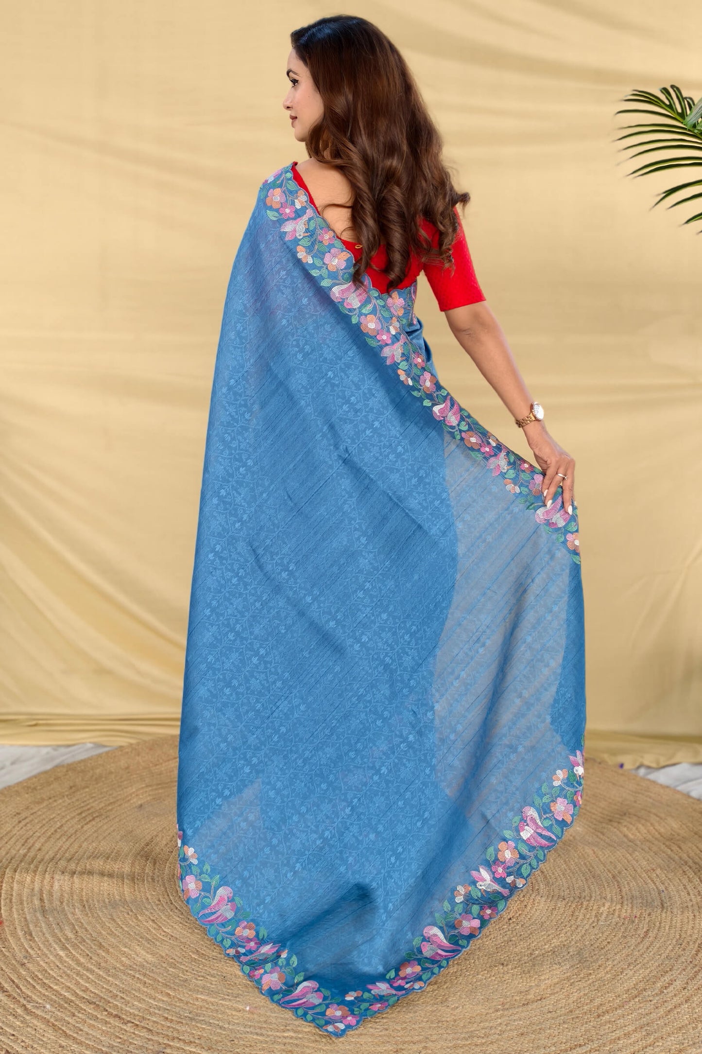 Posh Firozi Embroidery Work Tussar Silk Saree With Pretty Blouse Piece