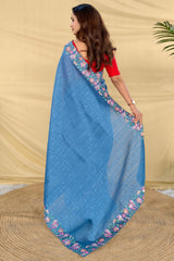 Posh Firozi Embroidery Work Tussar Silk Saree With Pretty Blouse Piece