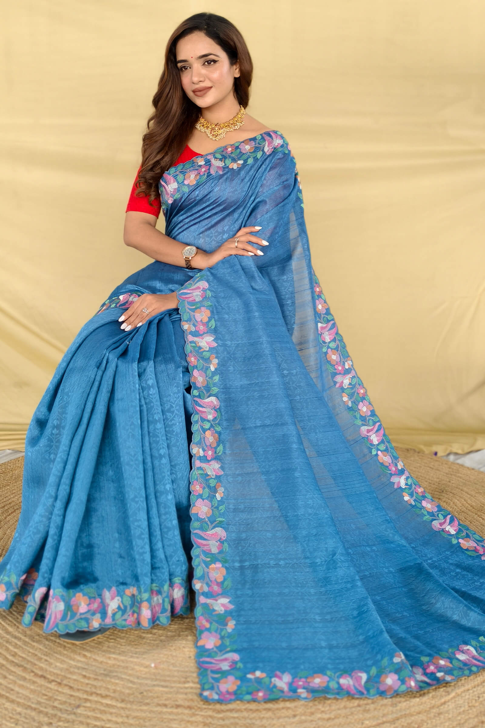 Posh Firozi Embroidery Work Tussar Silk Saree With Pretty Blouse Piece