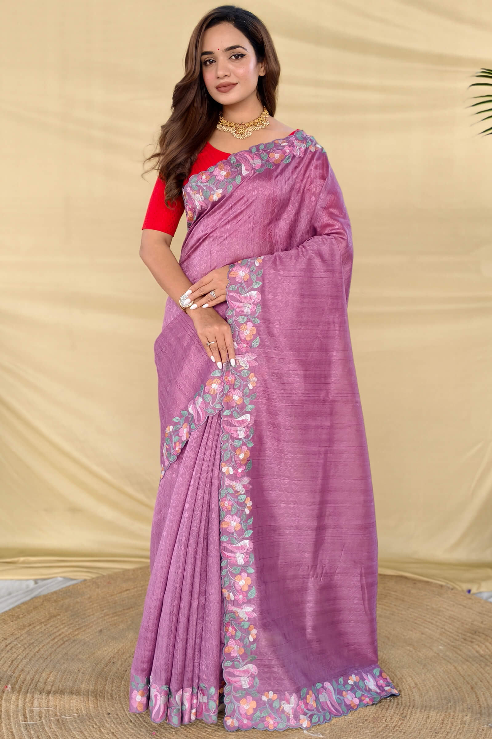 Unique Lavender Embroidery Work Tussar Silk Saree With Diaphanous Blouse Piece