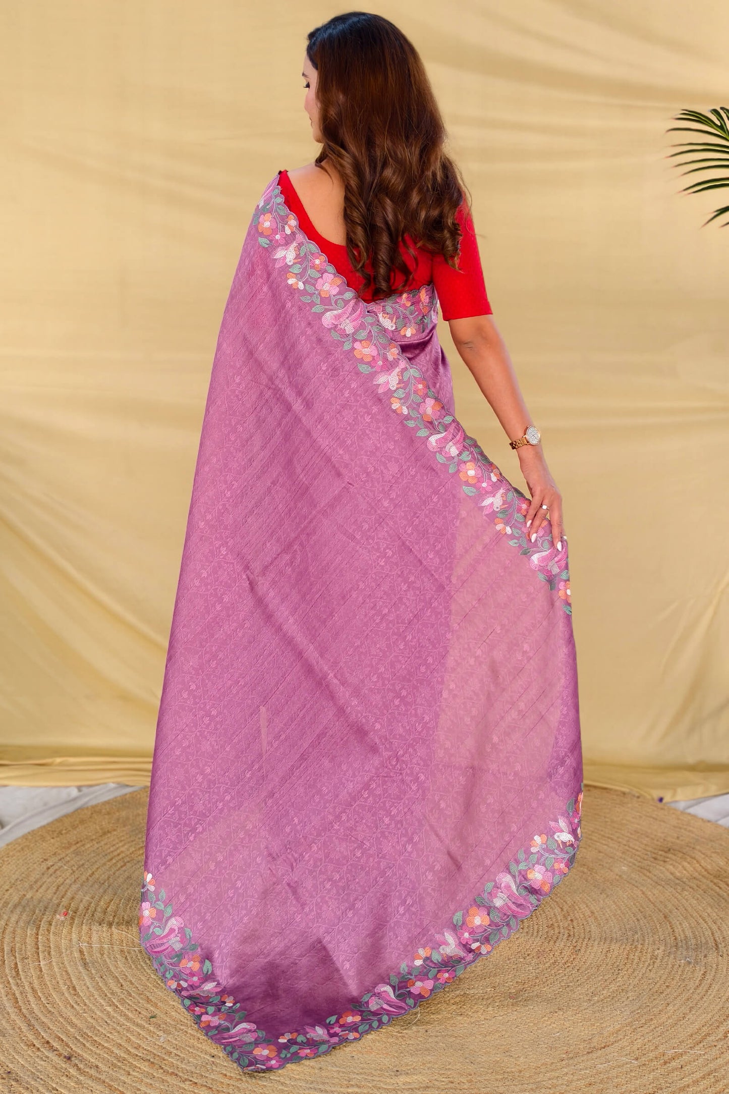 Unique Lavender Embroidery Work Tussar Silk Saree With Diaphanous Blouse Piece