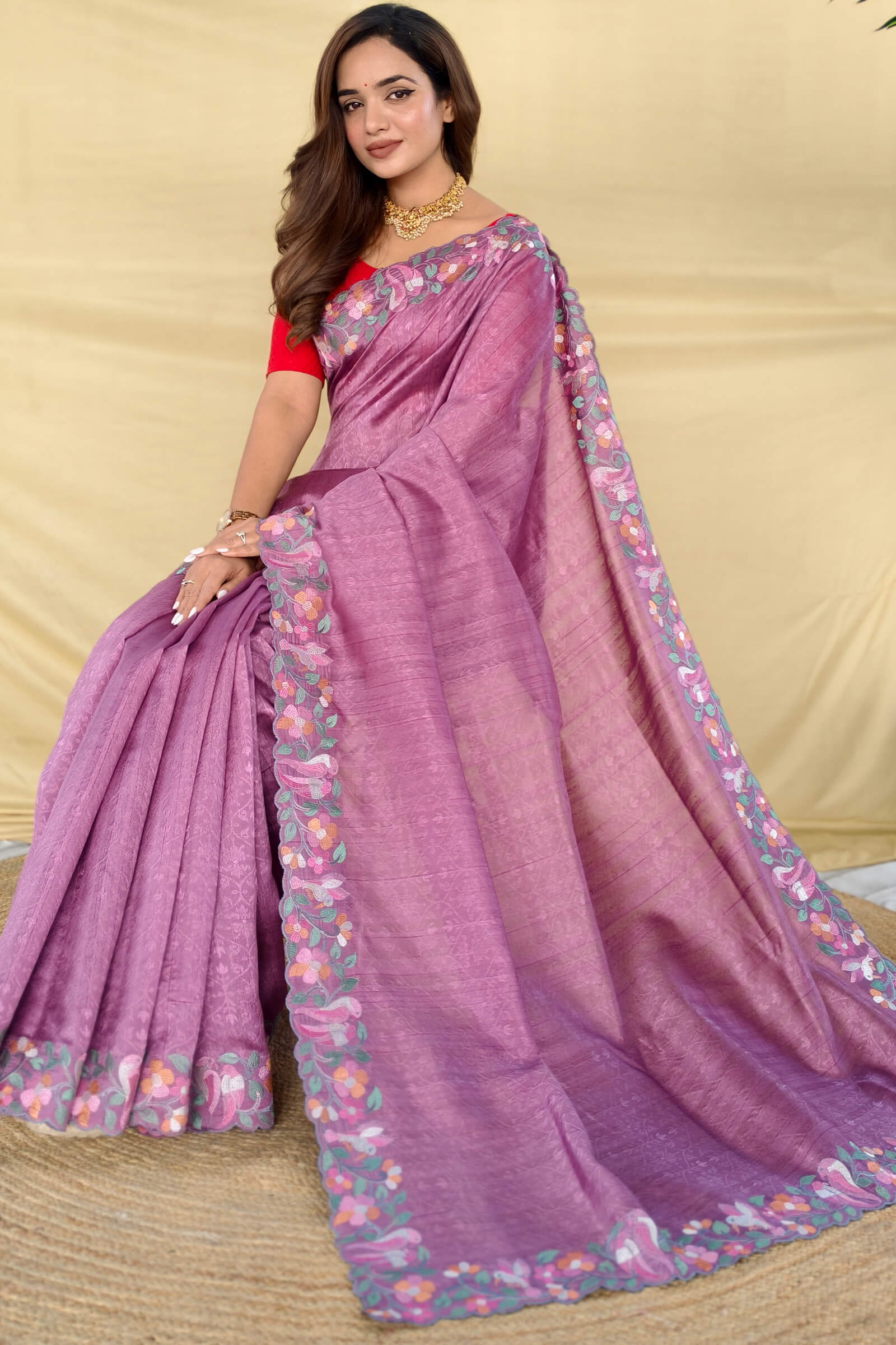 Unique Lavender Embroidery Work Tussar Silk Saree With Diaphanous Blouse Piece