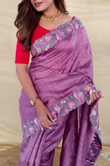 Unique Lavender Embroidery Work Tussar Silk Saree With Diaphanous Blouse Piece