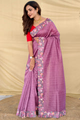 Unique Lavender Embroidery Work Tussar Silk Saree With Diaphanous Blouse Piece