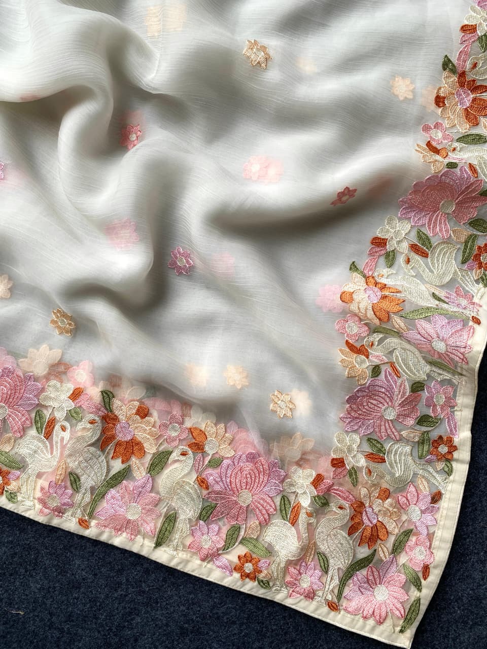 Surpassing Off White Embroidery Work Chiffon Silk Saree With Staring Blouse Piece