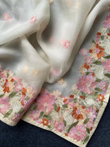 Surpassing Off White Embroidery Work Chiffon Silk Saree With Staring Blouse Piece