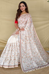 Extraordinary Off White Embroidery Work Tussar Silk Saree With Supernal Blouse Piece