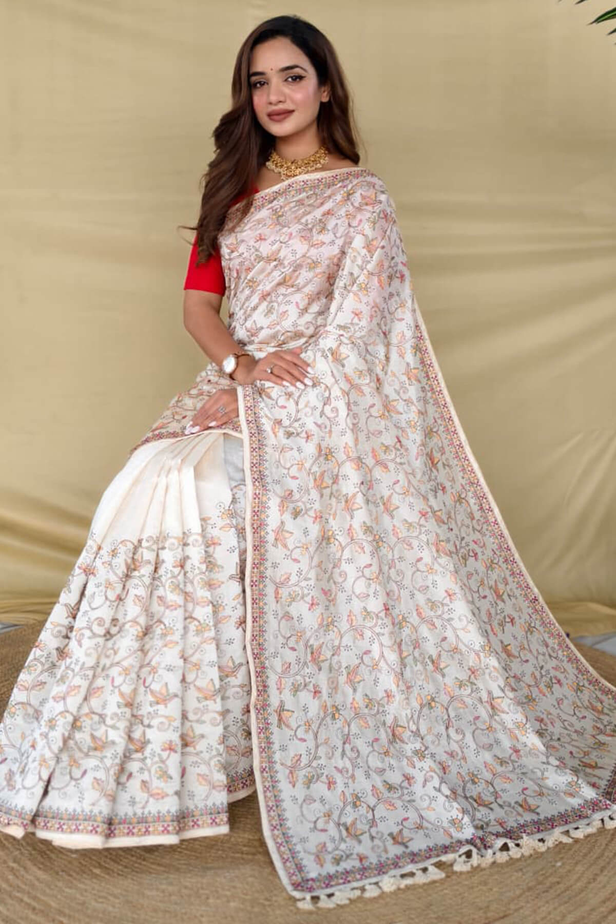Extraordinary Off White Embroidery Work Tussar Silk Saree With Supernal Blouse Piece