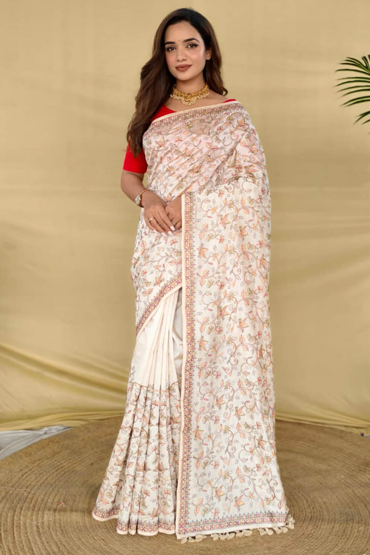 Extraordinary Off White Embroidery Work Tussar Silk Saree With Supernal Blouse Piece