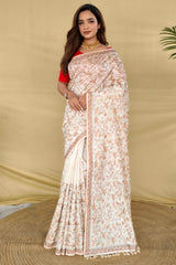 Extraordinary Off White Embroidery Work Tussar Silk Saree With Supernal Blouse Piece