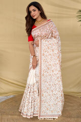 Extraordinary Off White Embroidery Work Tussar Silk Saree With Supernal Blouse Piece