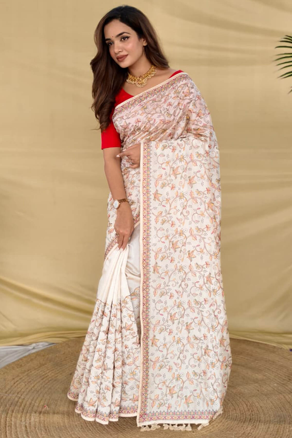 Extraordinary Off White Embroidery Work Tussar Silk Saree With Supernal Blouse Piece