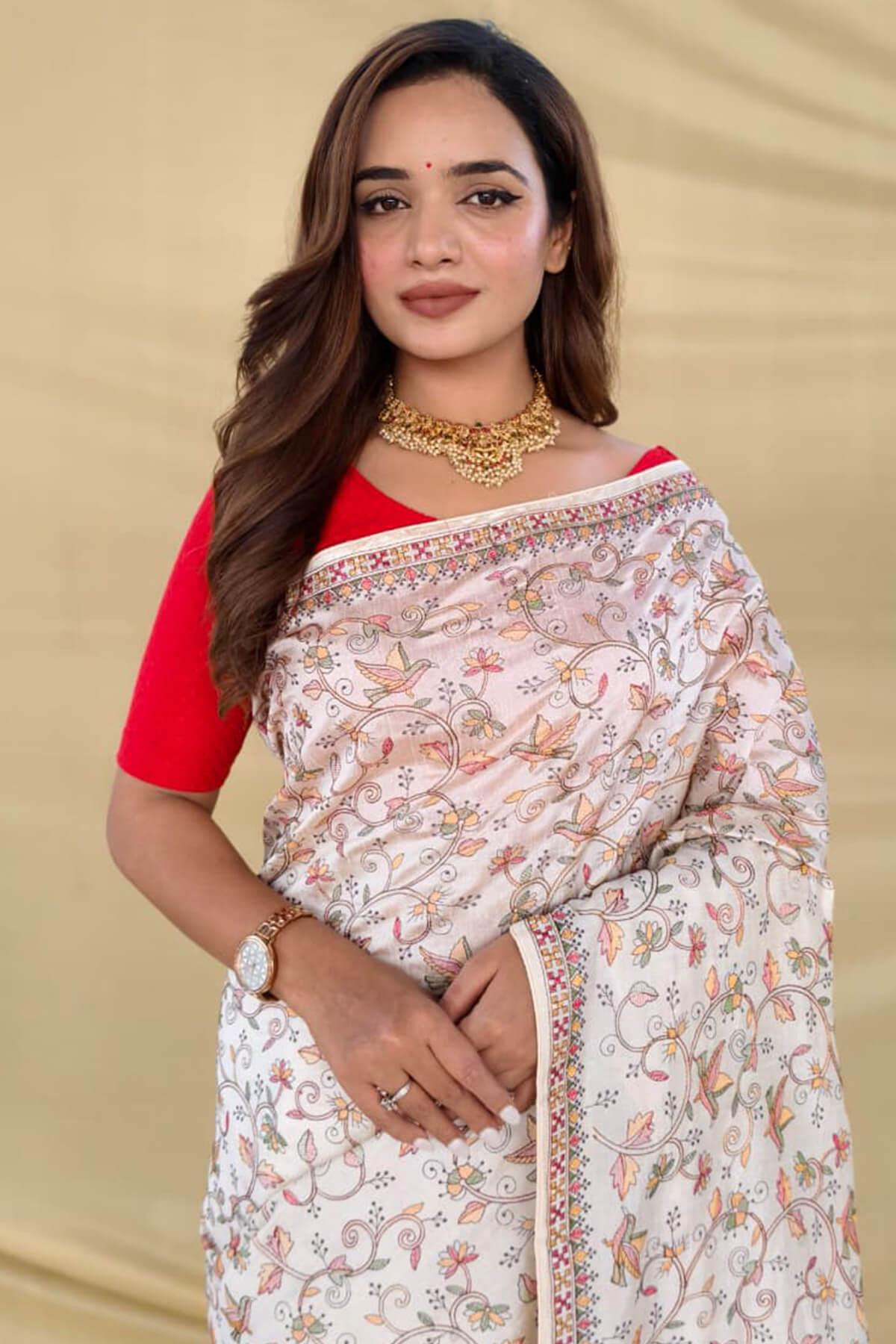 Extraordinary Off White Embroidery Work Tussar Silk Saree With Supernal Blouse Piece