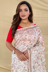 Extraordinary Off White Embroidery Work Tussar Silk Saree With Supernal Blouse Piece