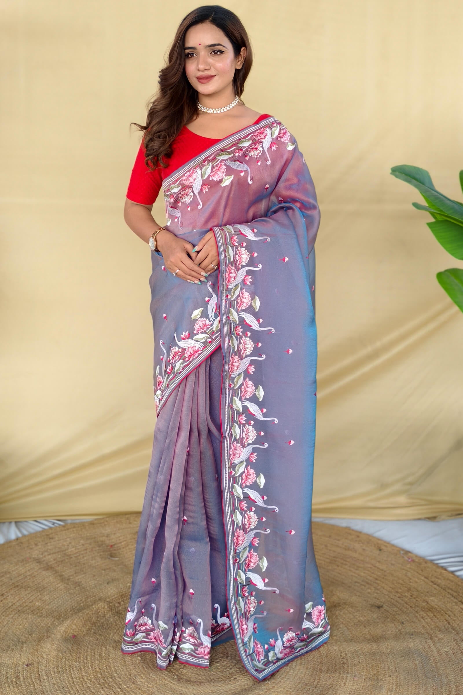 Elaborate Blue Embroidery Work Fandy Silk Saree With Denouement Blouse Piece