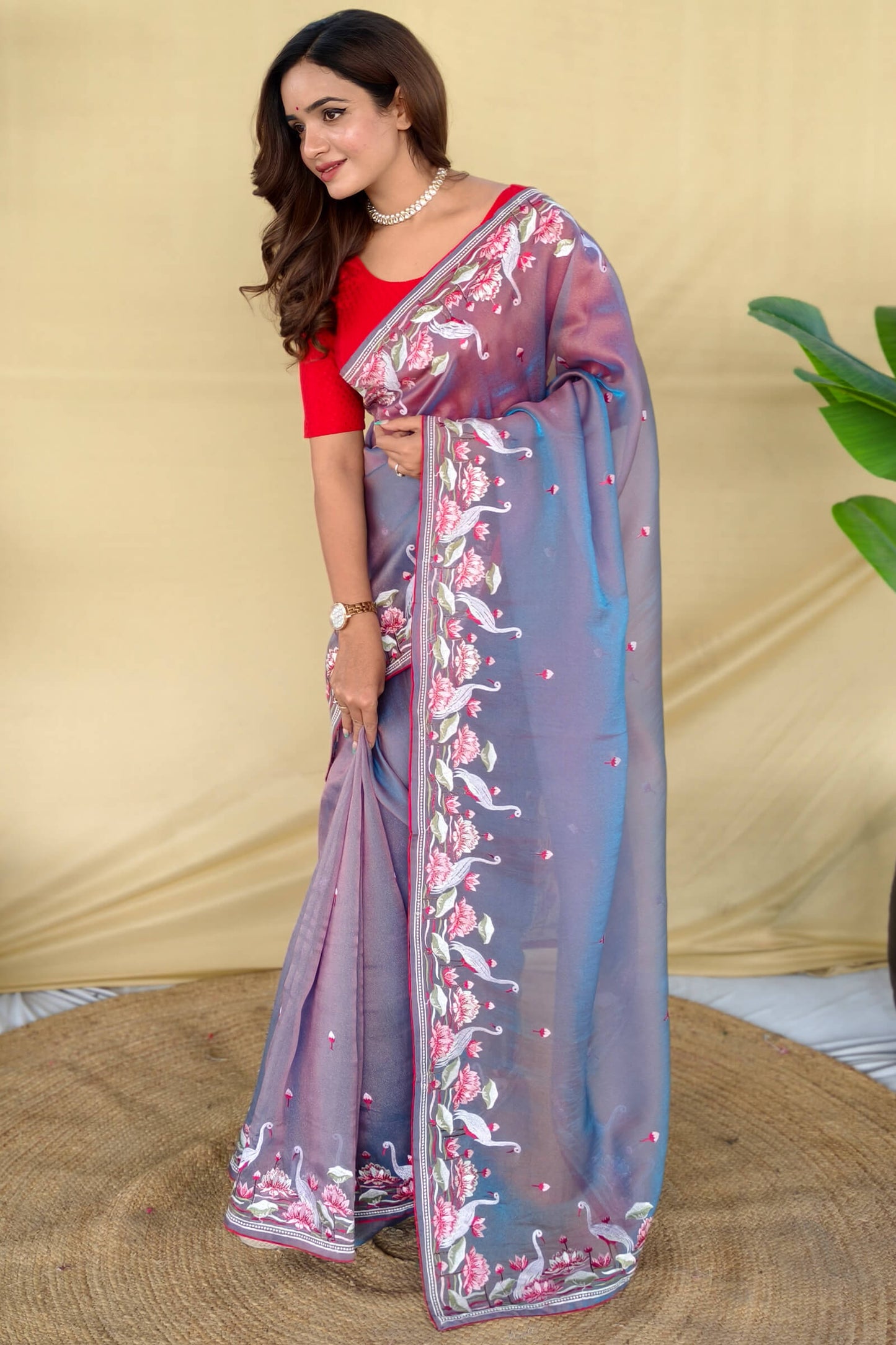 Elaborate Blue Embroidery Work Fandy Silk Saree With Denouement Blouse Piece