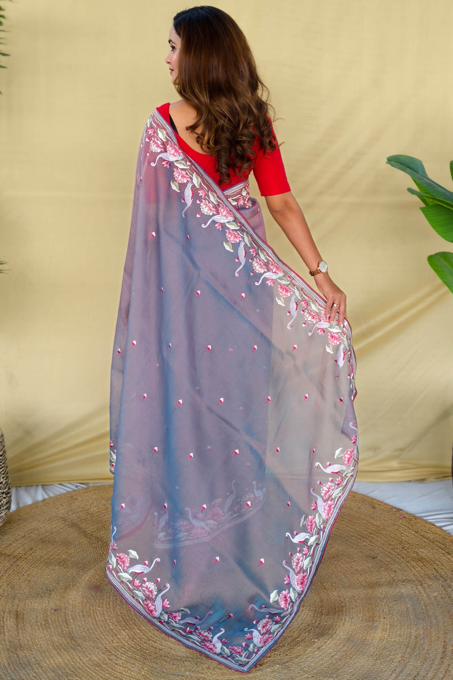 Elaborate Blue Embroidery Work Fandy Silk Saree With Denouement Blouse Piece